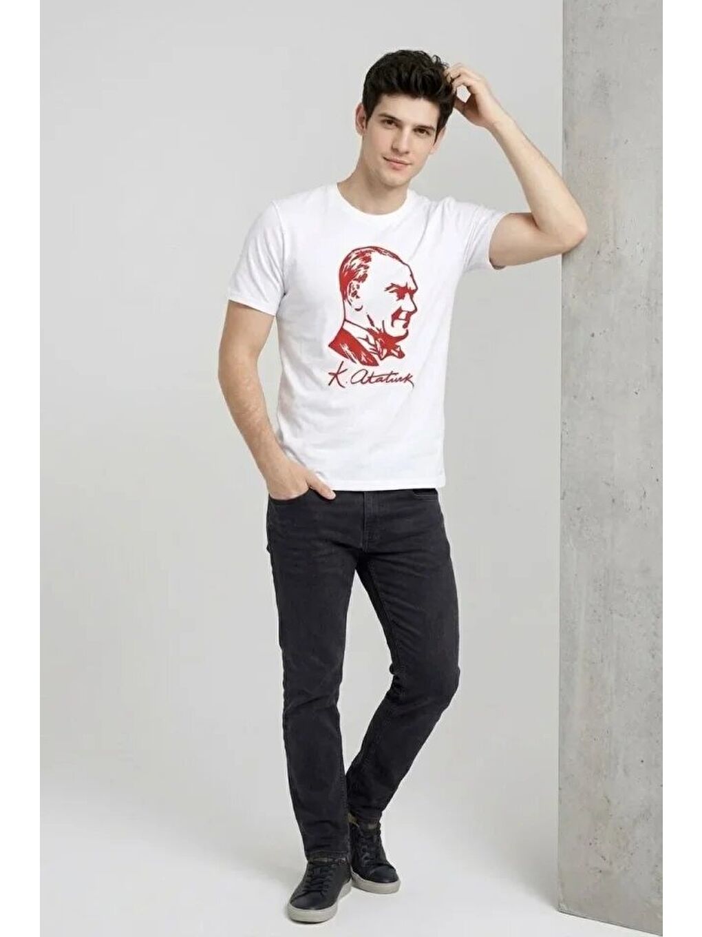 Erkek Atatürk Baskılı Tişört Kısa Kollu Bisiklet Yaka T-Shirt - Beyaz-1
