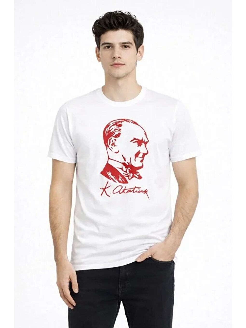 Erkek Atatürk Baskılı Tişört Kısa Kollu Bisiklet Yaka T-Shirt - Beyaz-2
