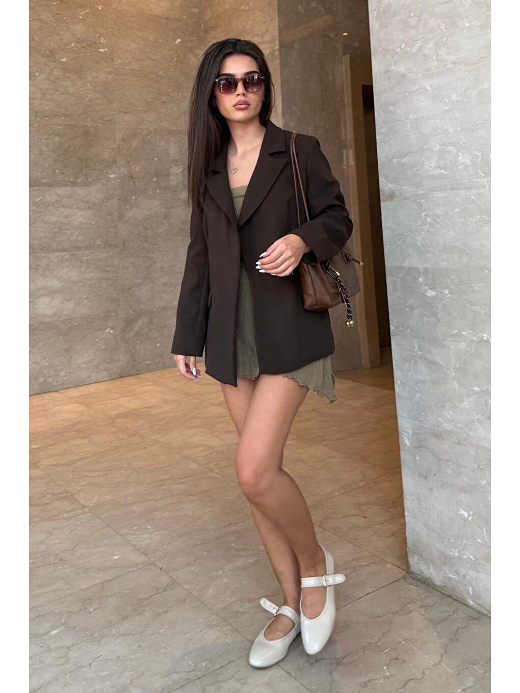 Kahverengi Astarlı Kadın Blazer Ceket Mg2508-5