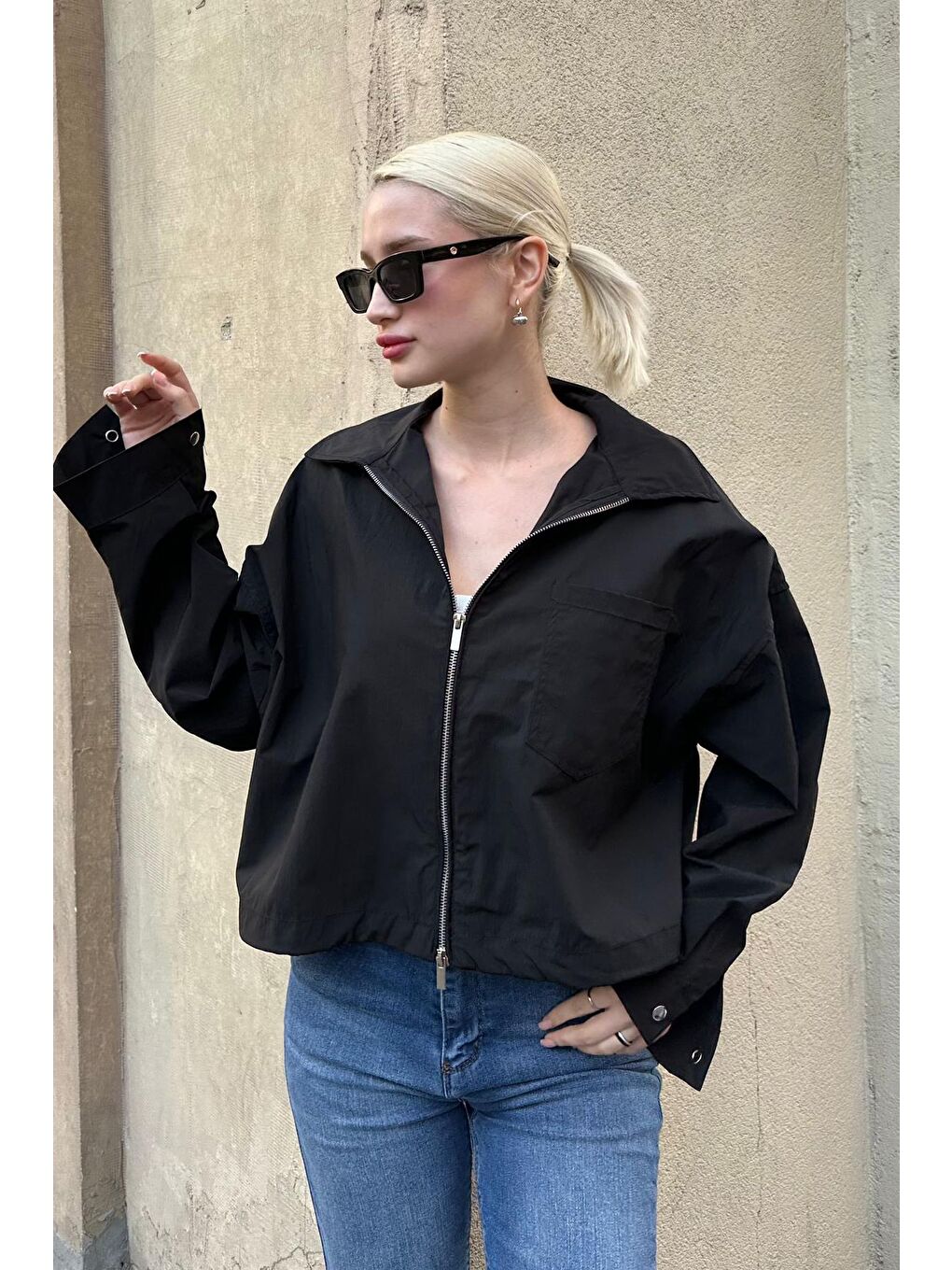 Siyah Fermuarlı Cep Detaylı Oversize Kadın Ceket Mg2188