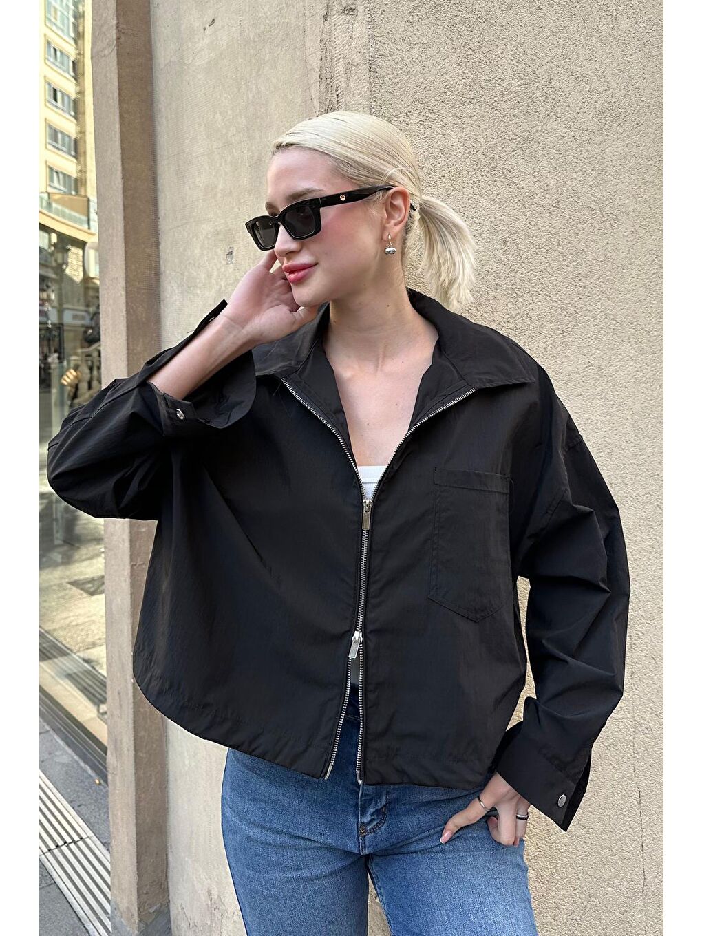 Siyah Fermuarlı Cep Detaylı Oversize Kadın Ceket Mg2188-1