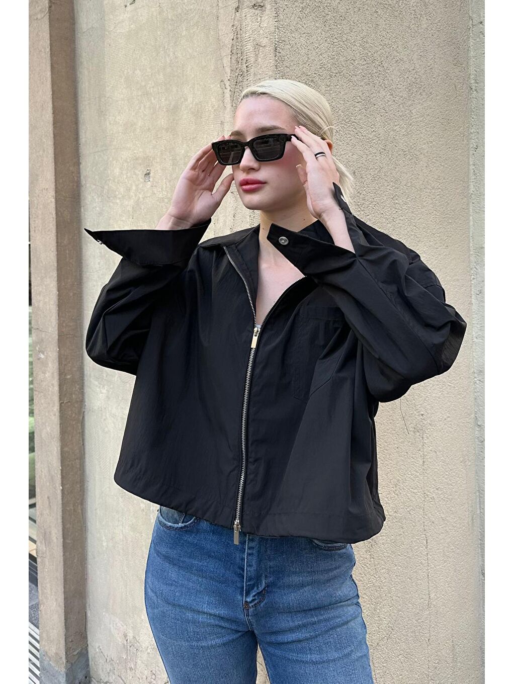 Siyah Fermuarlı Cep Detaylı Oversize Kadın Ceket Mg2188-2