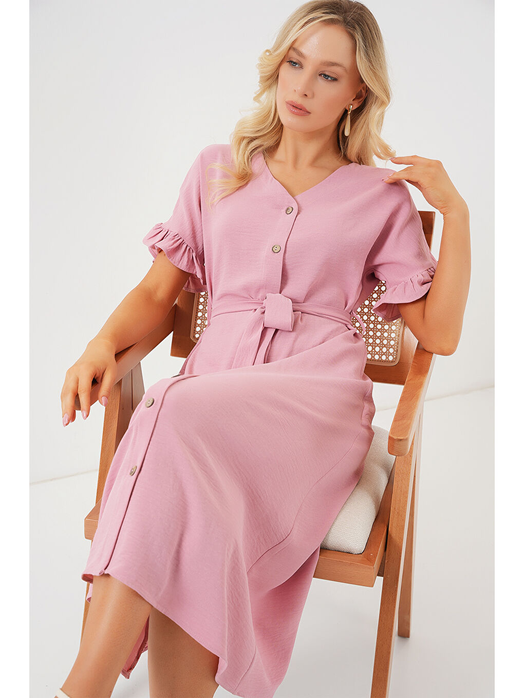 Pembe Kadın Kısa Kol Düğmeli Elbise 2555 - Pudra-1