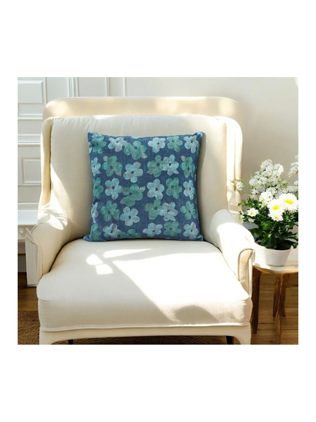 Soft Papatya Desenli Dekoratif Mavi Kırlent Kılıfı 43x43-3