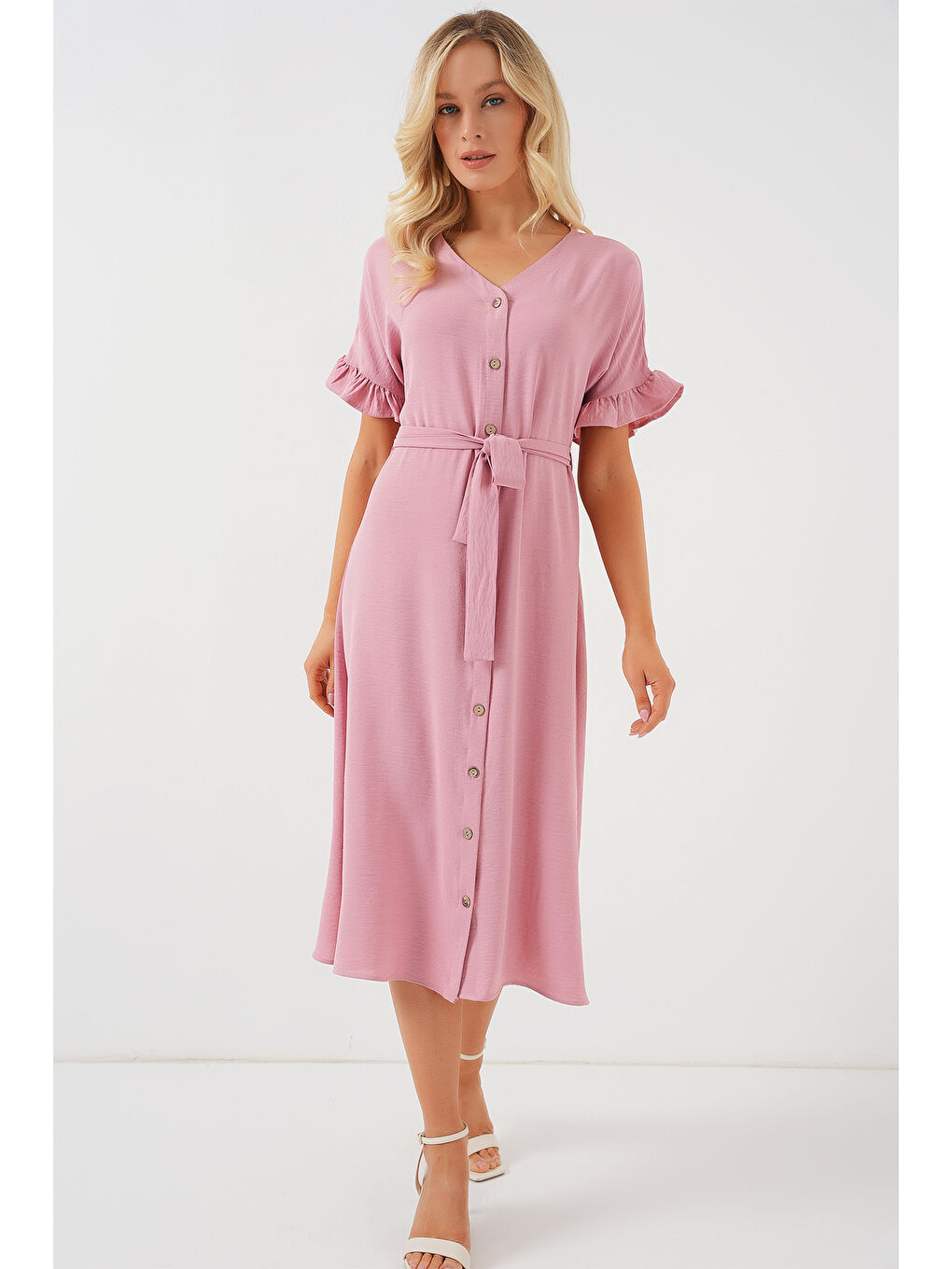 Pembe Kadın Kısa Kol Düğmeli Elbise 2555 - Pudra-2