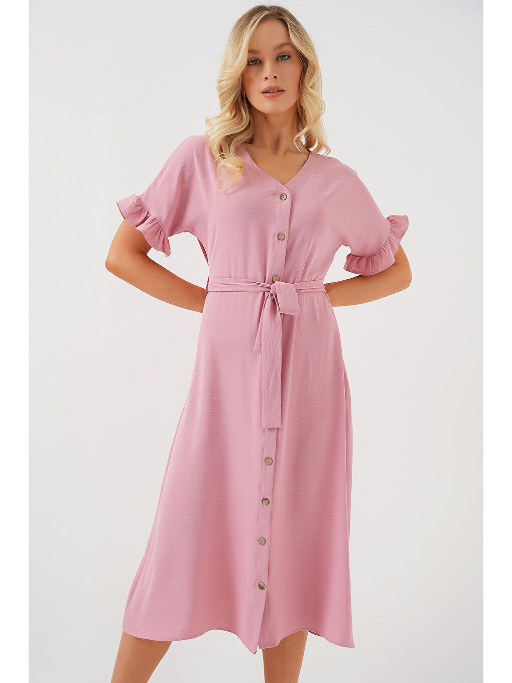 Pembe Kadın Kısa Kol Düğmeli Elbise 2555 - Pudra-3