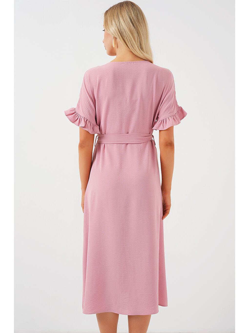 Pembe Kadın Kısa Kol Düğmeli Elbise 2555 - Pudra-5