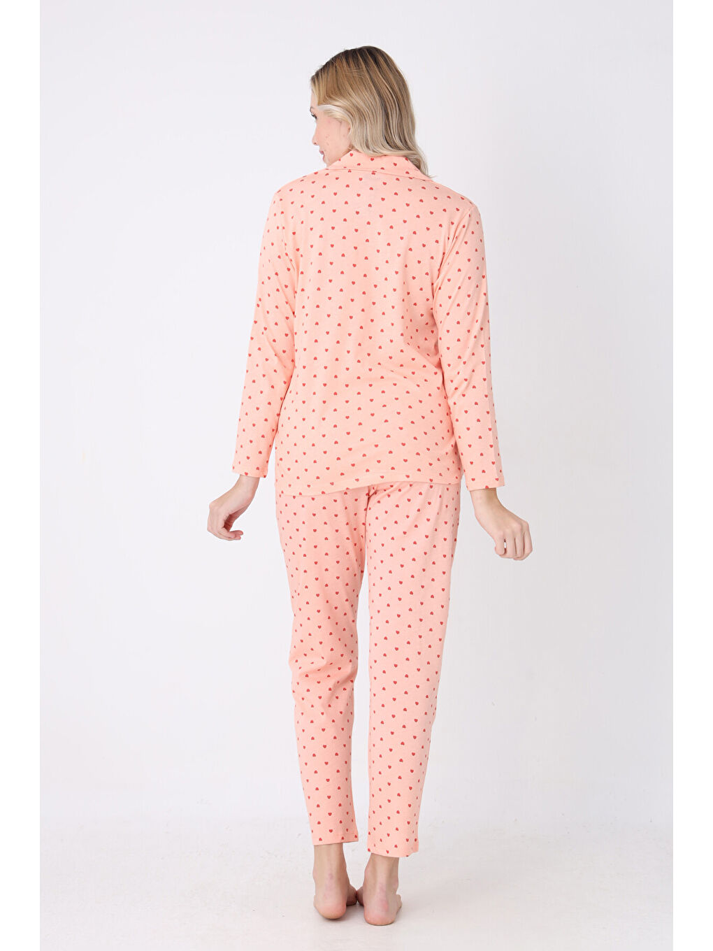 Pembe Somon Hearts Önden Düğmeli Pijama Takım-1