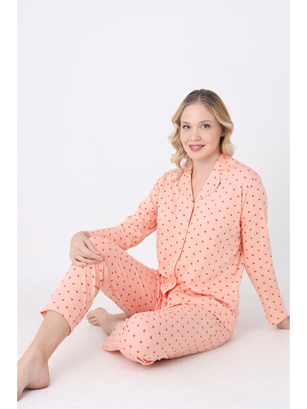 Pembe Somon Hearts Önden Düğmeli Pijama Takım-2