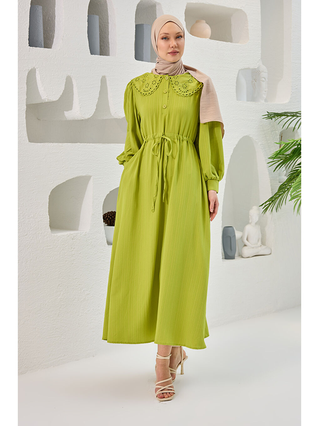 Kadın BEBE YAKA DANTEL DETAYLI ELBISE  Yeşil-2