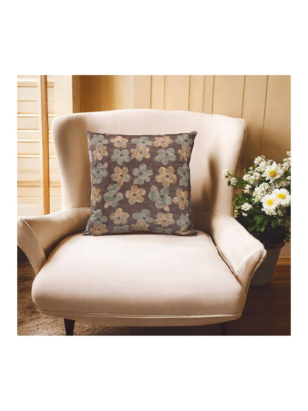 Soft Papatya Desenli Dekoratif Bej Kırlent Kılıfı 43x43-1