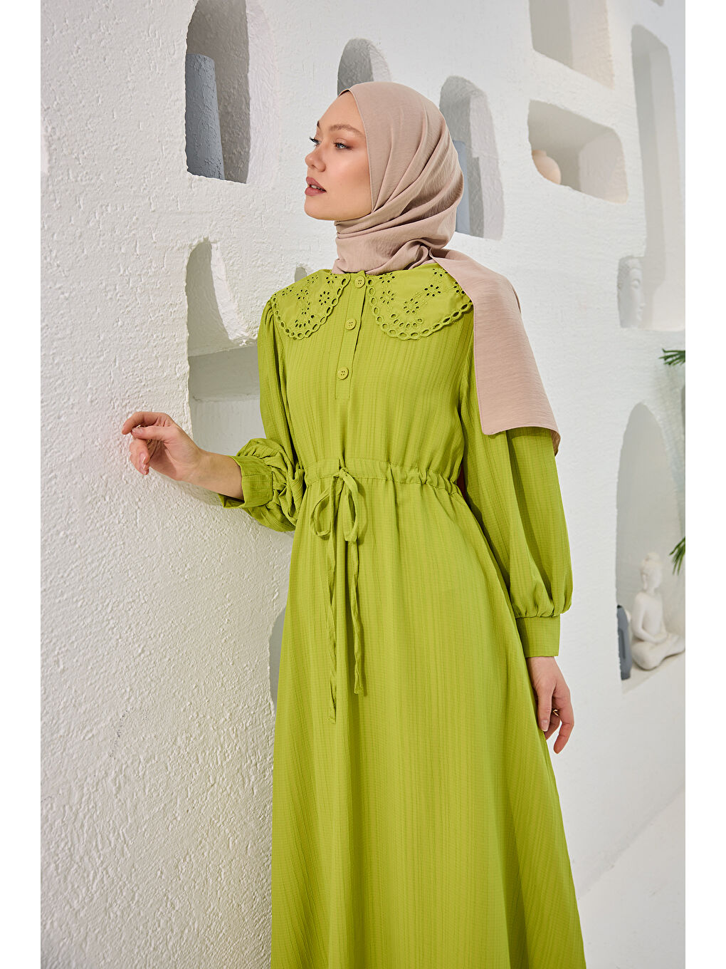 Kadın BEBE YAKA DANTEL DETAYLI ELBISE  Yeşil-3