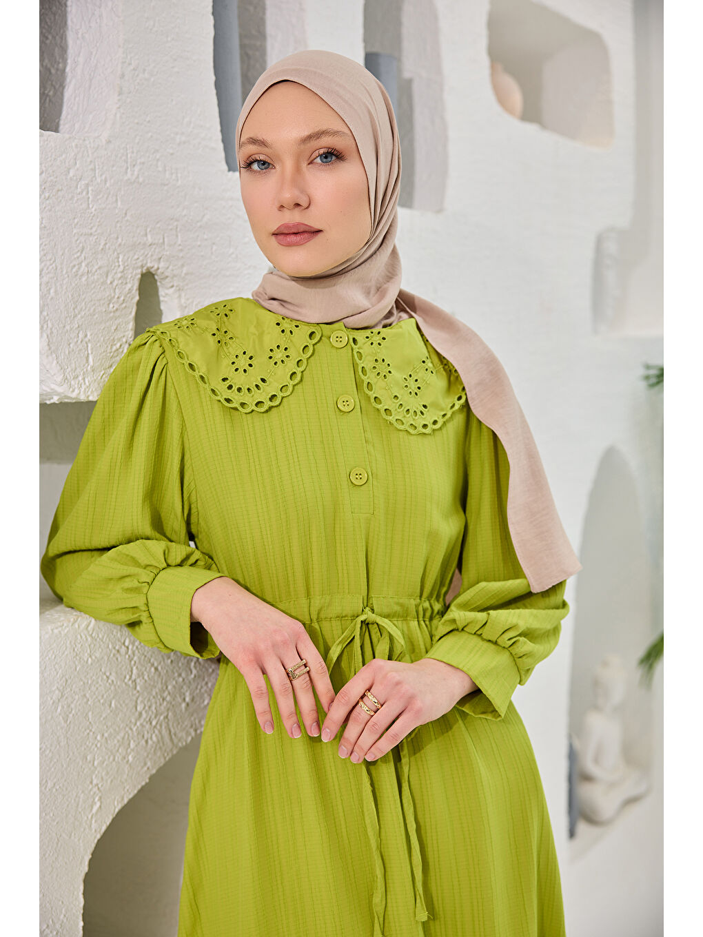 Kadın BEBE YAKA DANTEL DETAYLI ELBISE  Yeşil-4