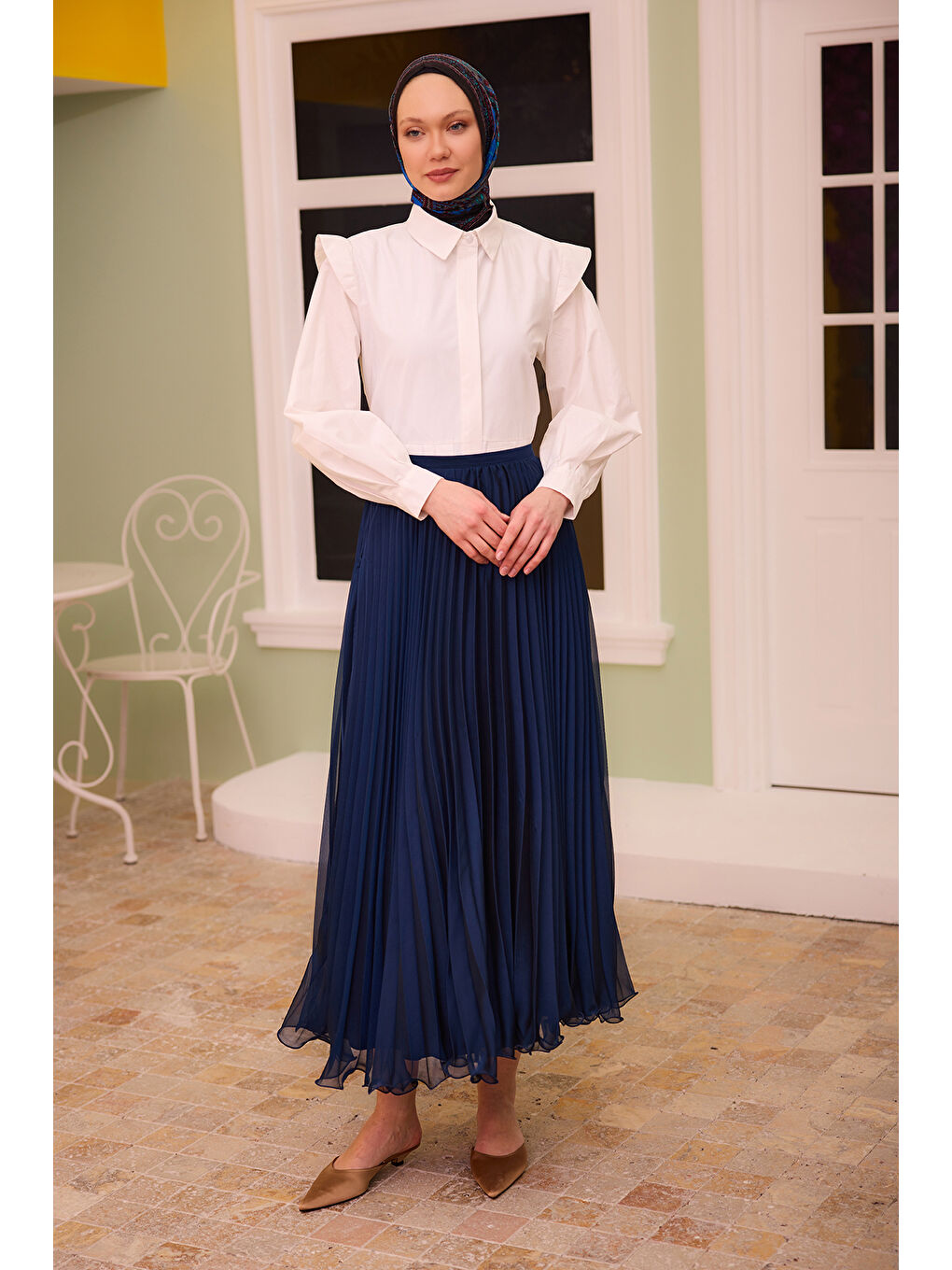 Kadın Fermuar Detaylı Şifon Etek Lacivert-1