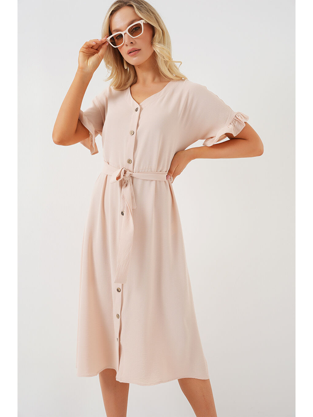 Ekru Kadın Kısa Kol Düğmeli Elbise 2555 - Krem