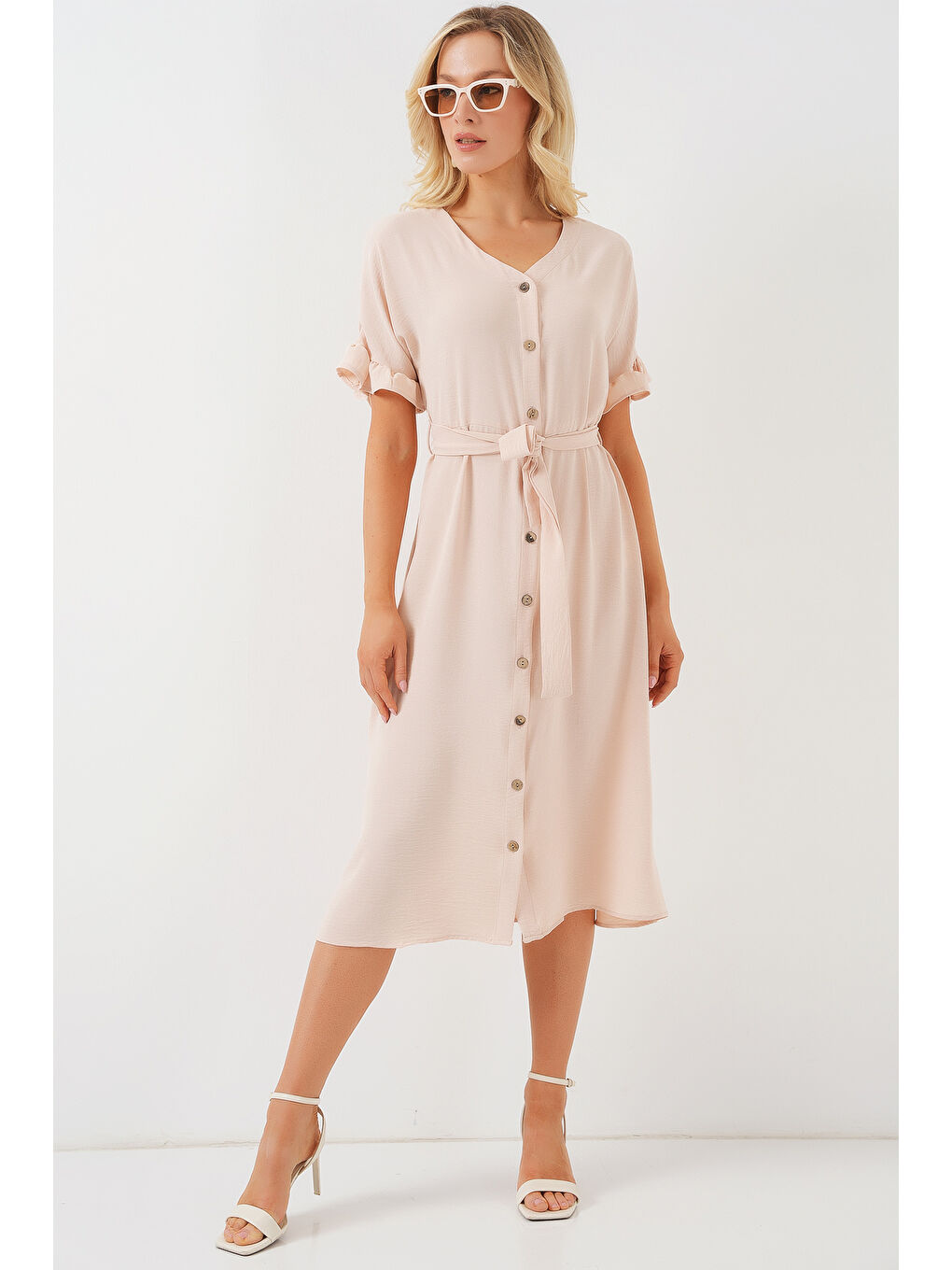 Ekru Kadın Kısa Kol Düğmeli Elbise 2555 - Krem-1