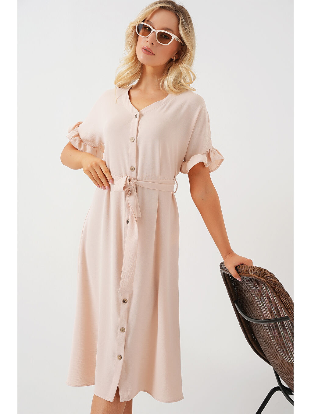 Ekru Kadın Kısa Kol Düğmeli Elbise 2555 - Krem-2