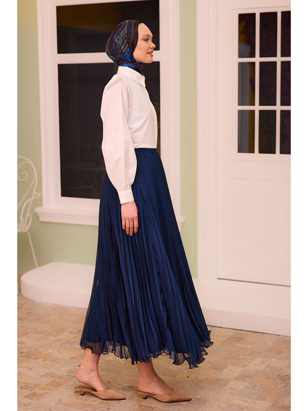 Kadın Fermuar Detaylı Şifon Etek Lacivert-2