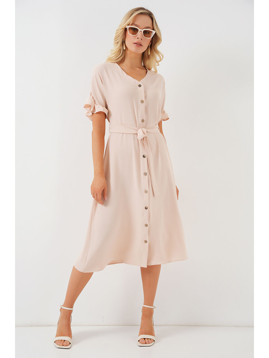 Ekru Kadın Kısa Kol Düğmeli Elbise 2555 - Krem-3