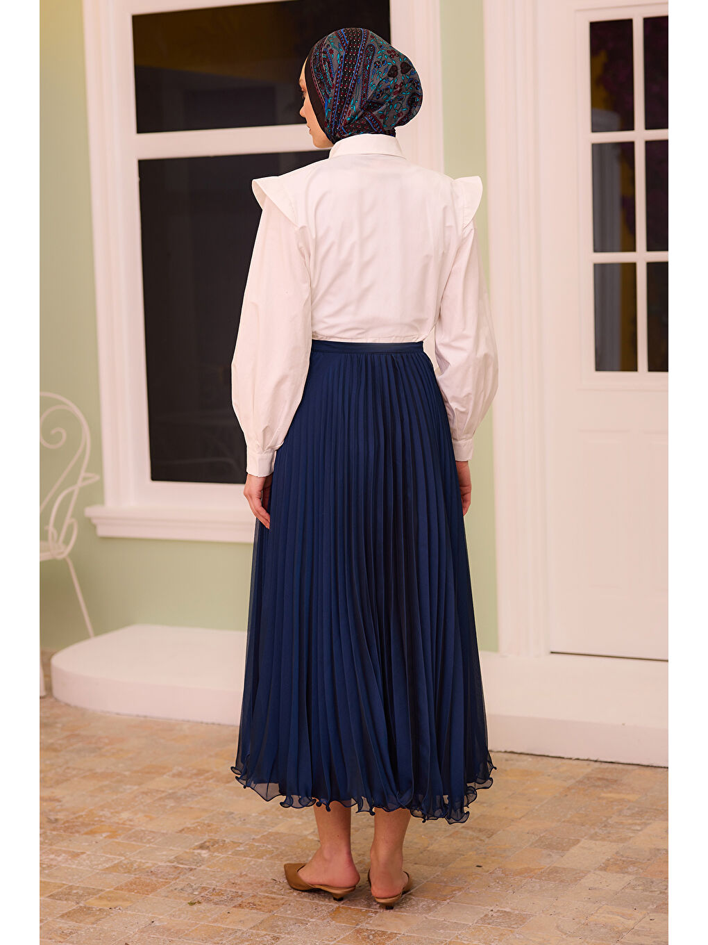 Kadın Fermuar Detaylı Şifon Etek Lacivert-3