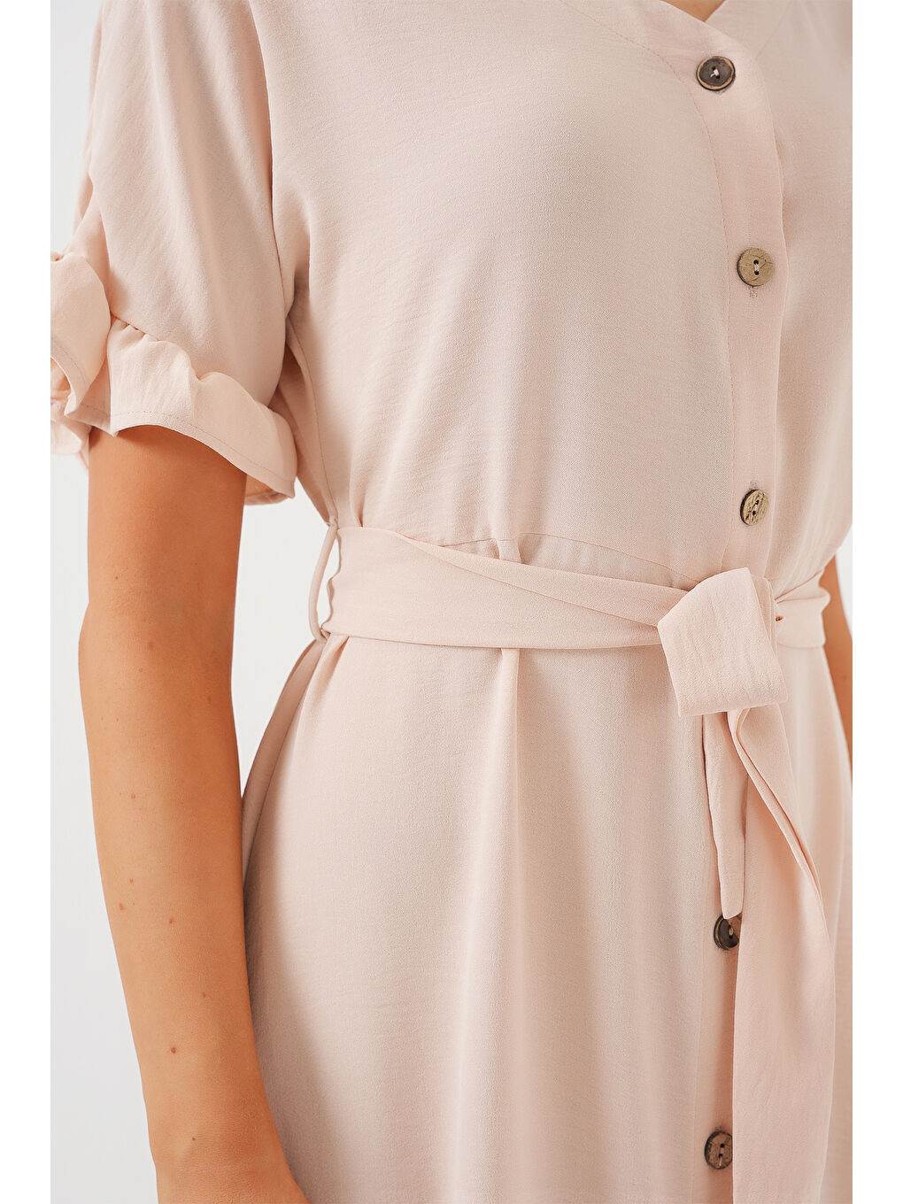 Ekru Kadın Kısa Kol Düğmeli Elbise 2555 - Krem-4