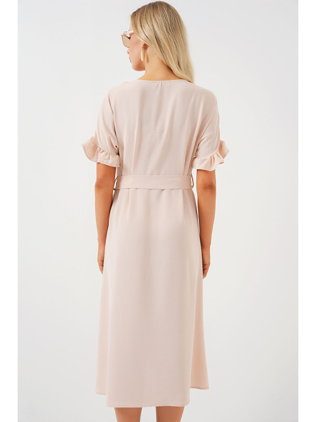 Ekru Kadın Kısa Kol Düğmeli Elbise 2555 - Krem-5