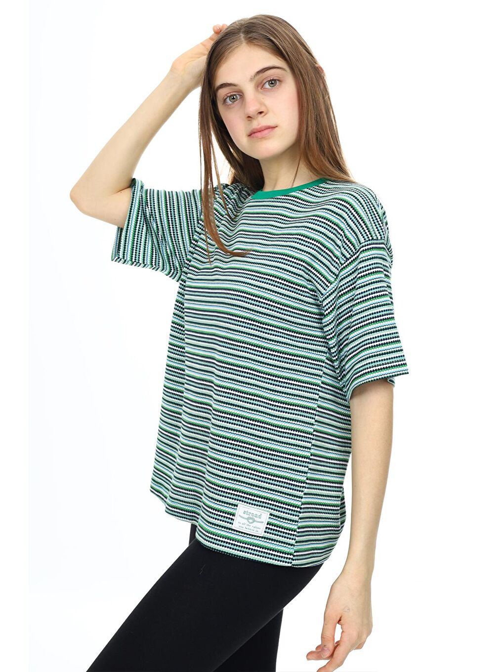 Yeşil Çizgili Bisiklet Yaka Kız Çocuk Kısa Kol T-shirt 18382-1