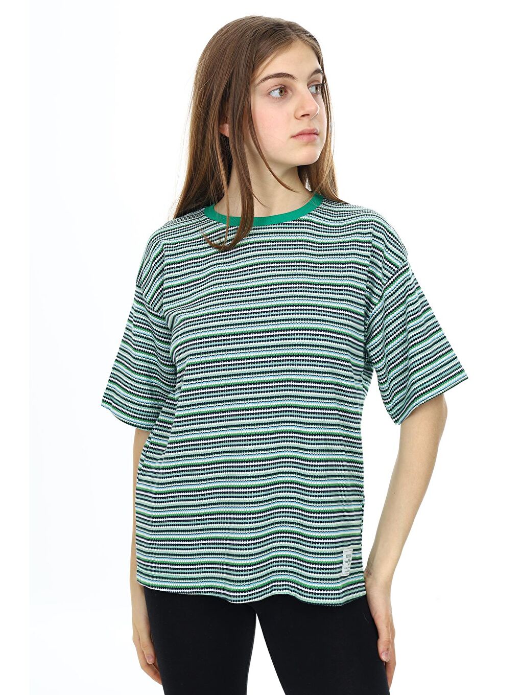 Yeşil Çizgili Bisiklet Yaka Kız Çocuk Kısa Kol T-shirt 18382-2