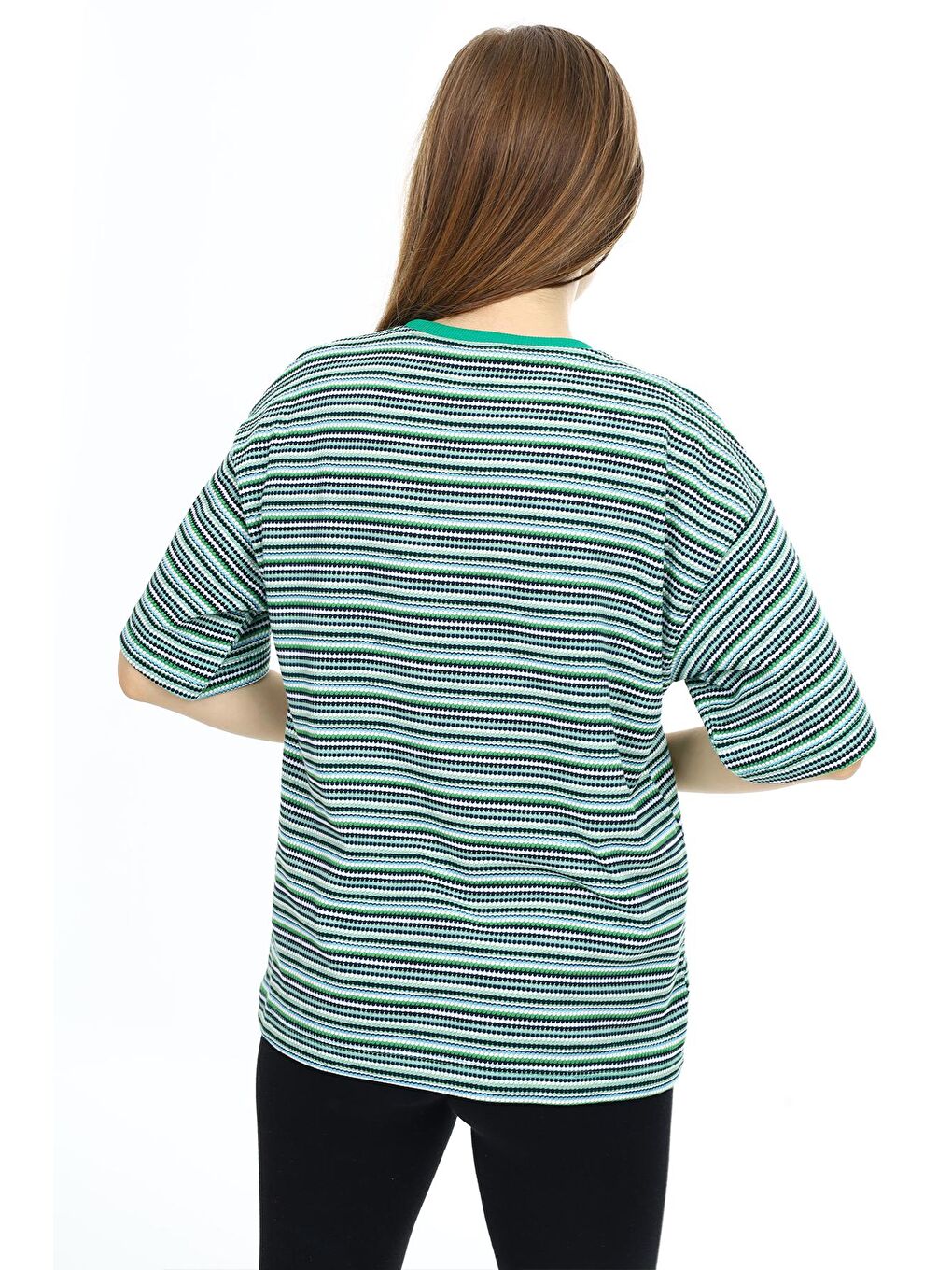 Yeşil Çizgili Bisiklet Yaka Kız Çocuk Kısa Kol T-shirt 18382-3