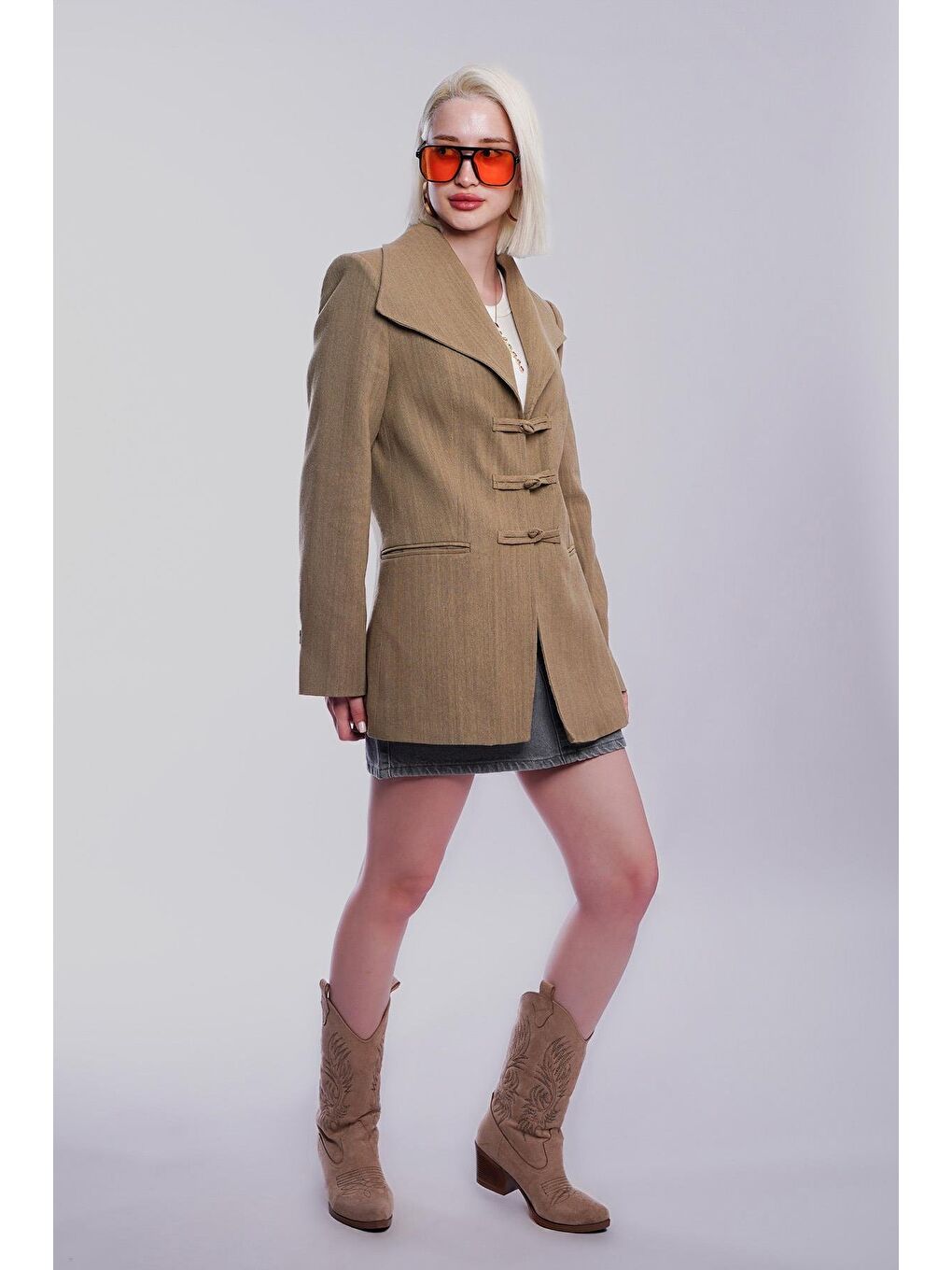 Haki Bağlama Detaylı Blazer Kadın Ceket Mg2482-3