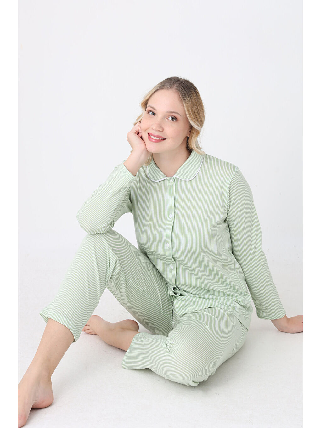 Yeşil Sleepy Önden Düğmeli Pijama Takım-2