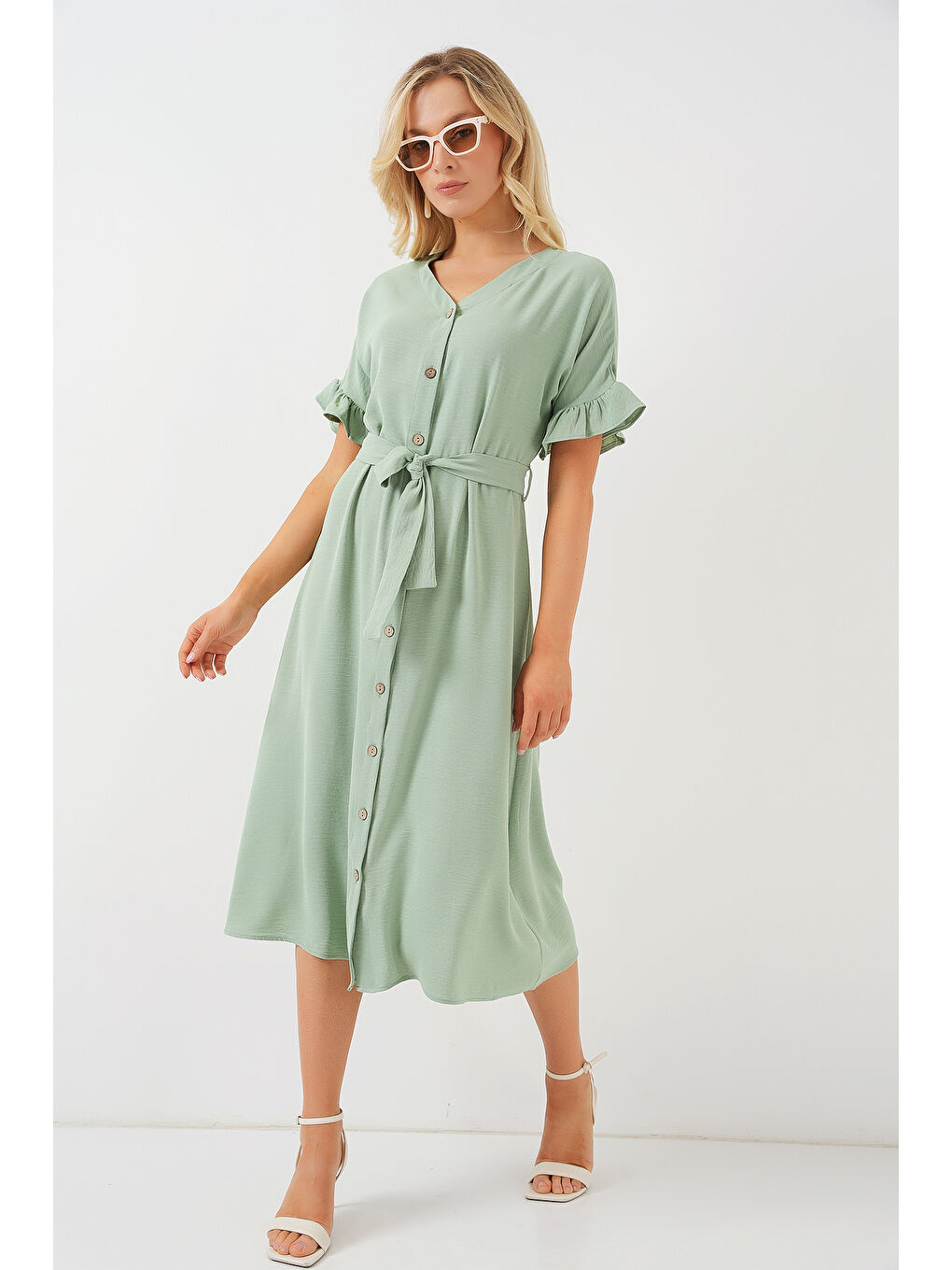 Yeşil Kadın Kısa Kol Düğmeli Elbise 2555 - Mint-1