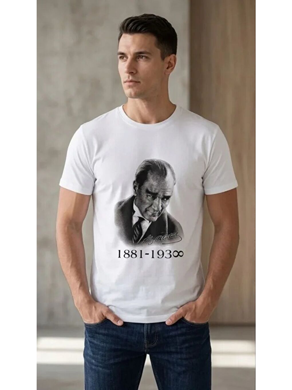 Erkek Atatürk Baskılı Tişört Kısa Kollu Bisiklet Yaka T-Shirt - Beyaz-2