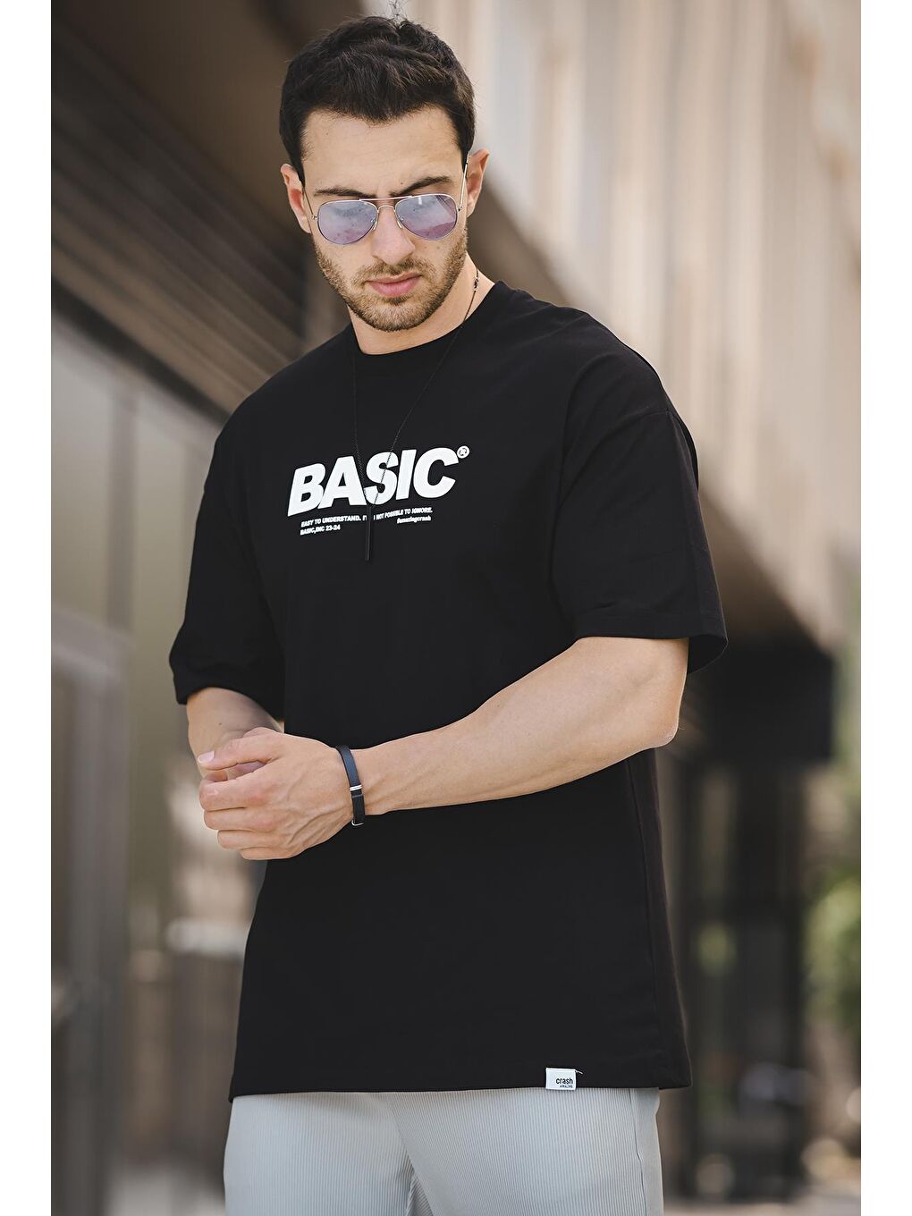 Siyah Basic Kabartma Baskılı Pamuklu Bisiklet Yaka  Erkek Tişört