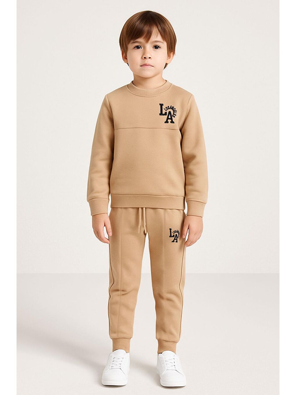 Bej Baskılı  Nakışlı Vizon Renk Erkek Çocuk Eşofman Takımı