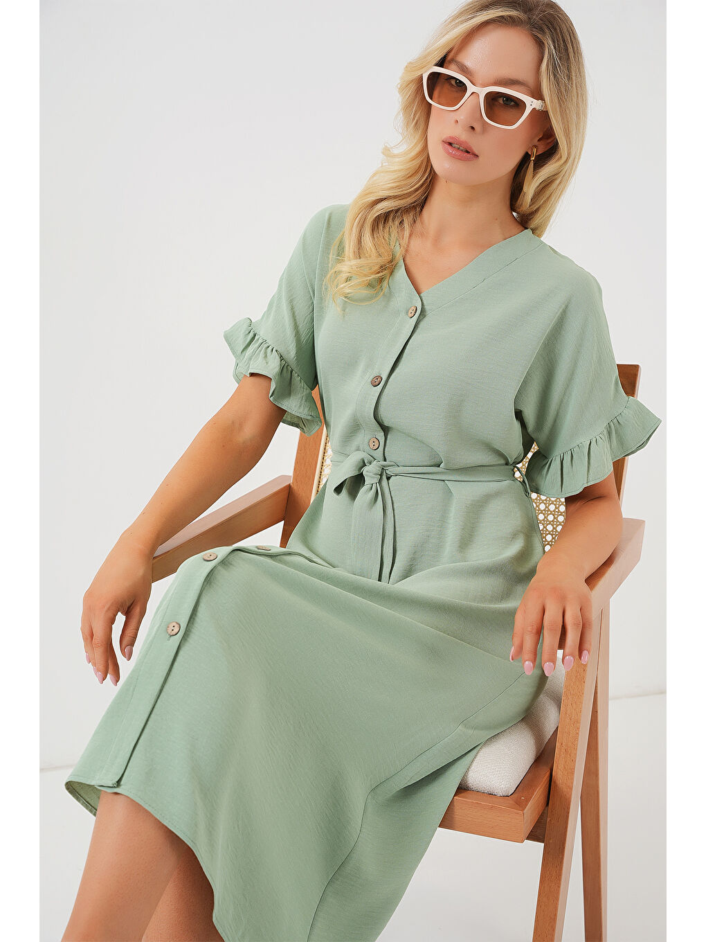 Yeşil Kadın Kısa Kol Düğmeli Elbise 2555 - Mint-2