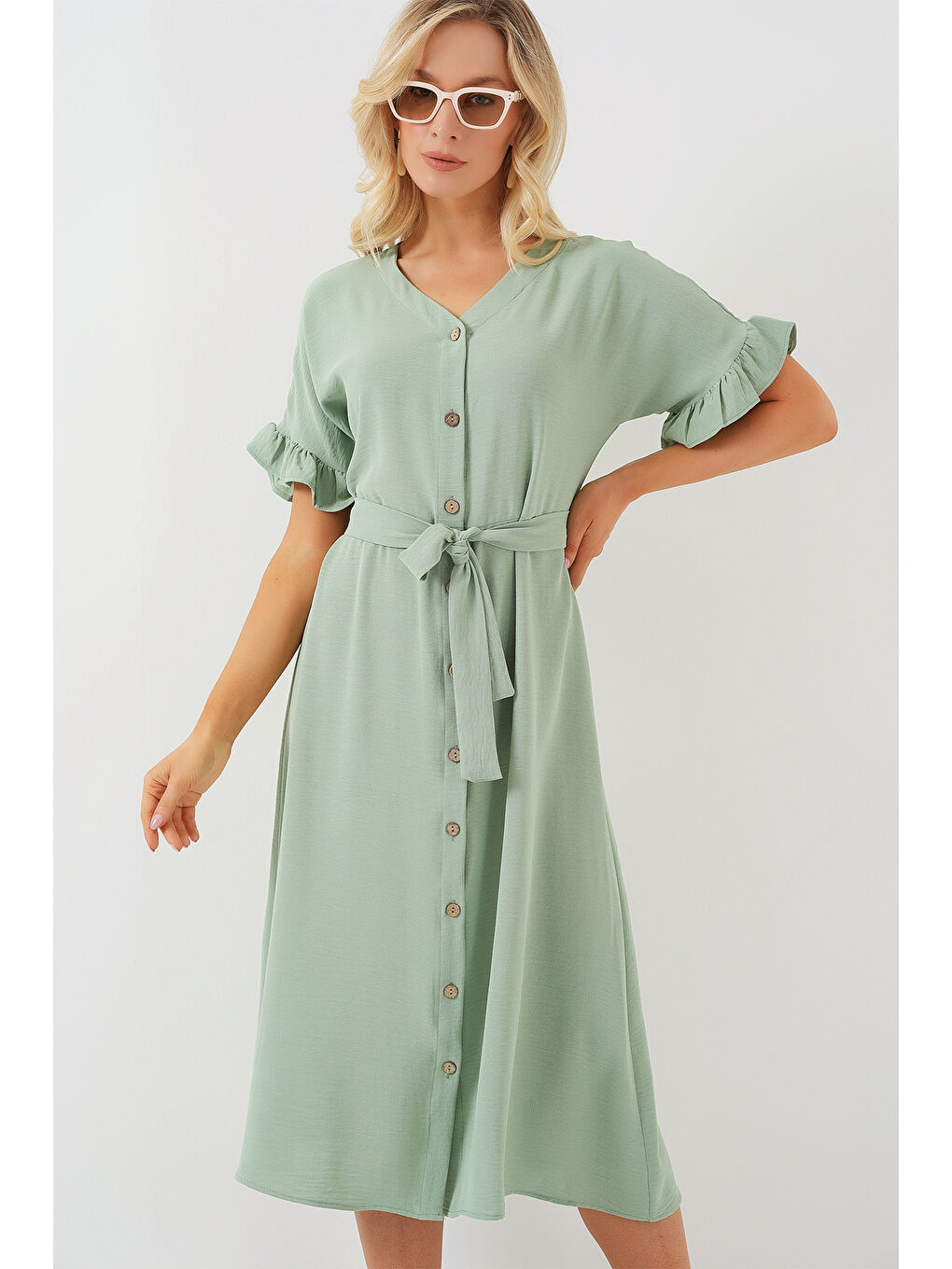Yeşil Kadın Kısa Kol Düğmeli Elbise 2555 - Mint-3
