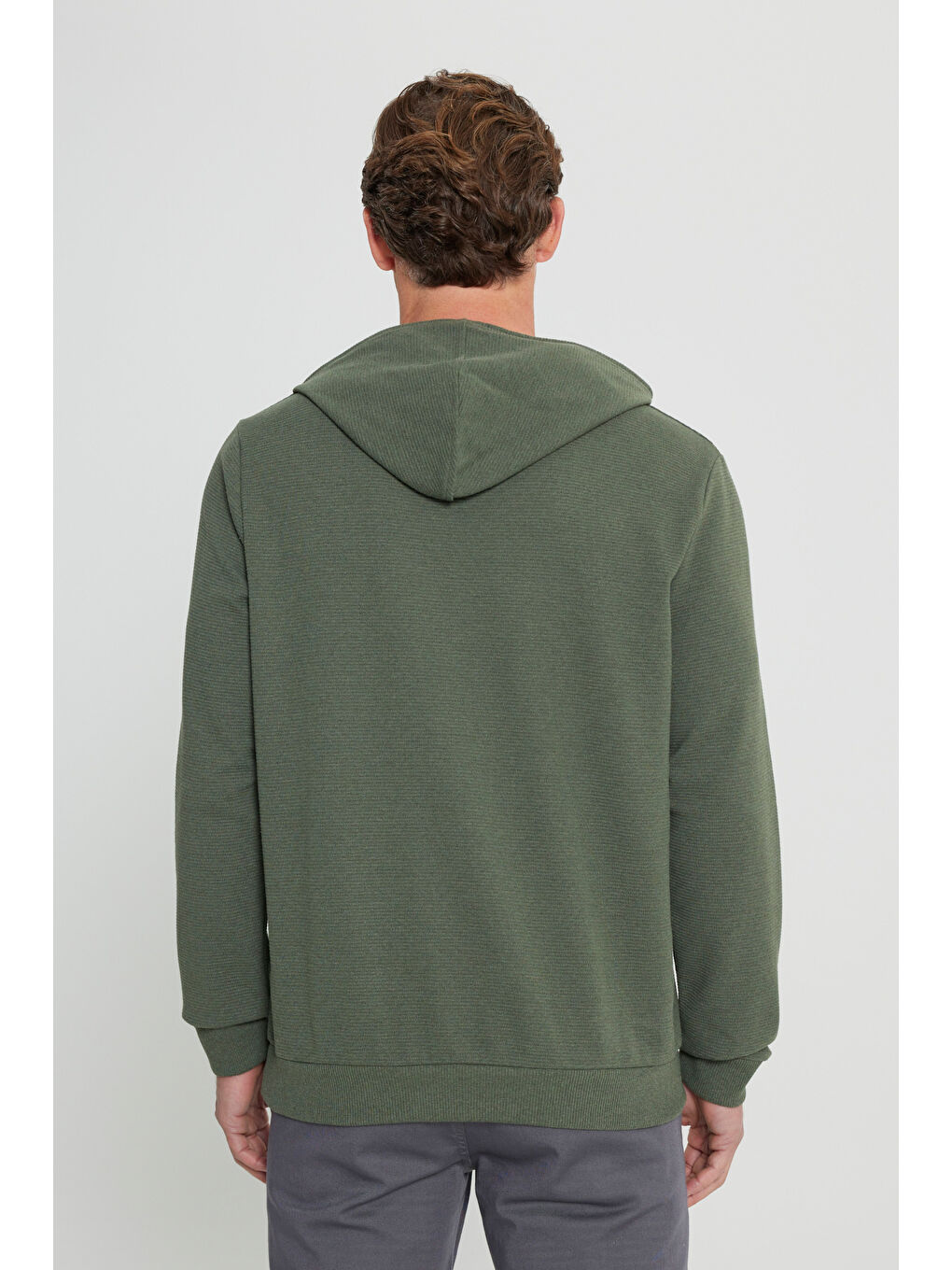 Erkek Haki 2 İplik Sıcak Tutan Standart Fit Normal Kesim Kapüşonlu Dokulu Cepli Sweatshirt-5