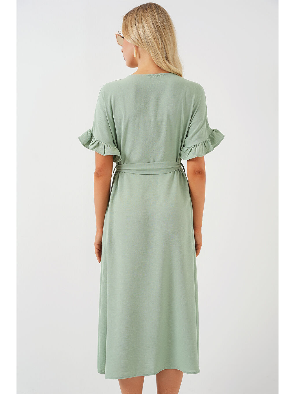 Yeşil Kadın Kısa Kol Düğmeli Elbise 2555 - Mint-5