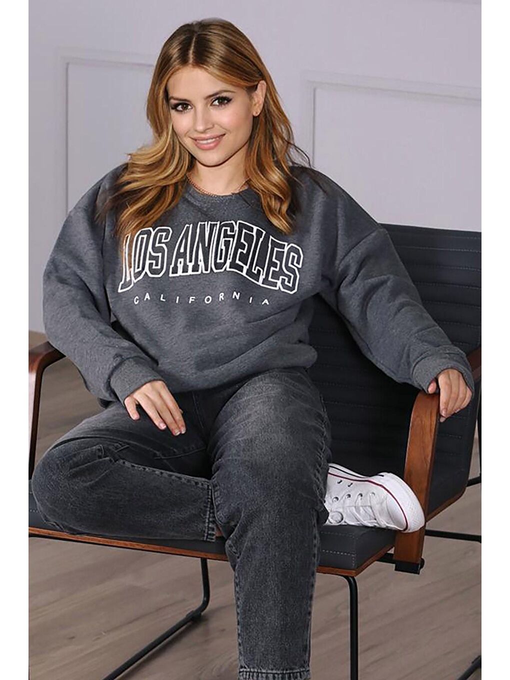 Koyu Antrasit Baskılı Oversize Kadın Sweatshirt Mg780-2