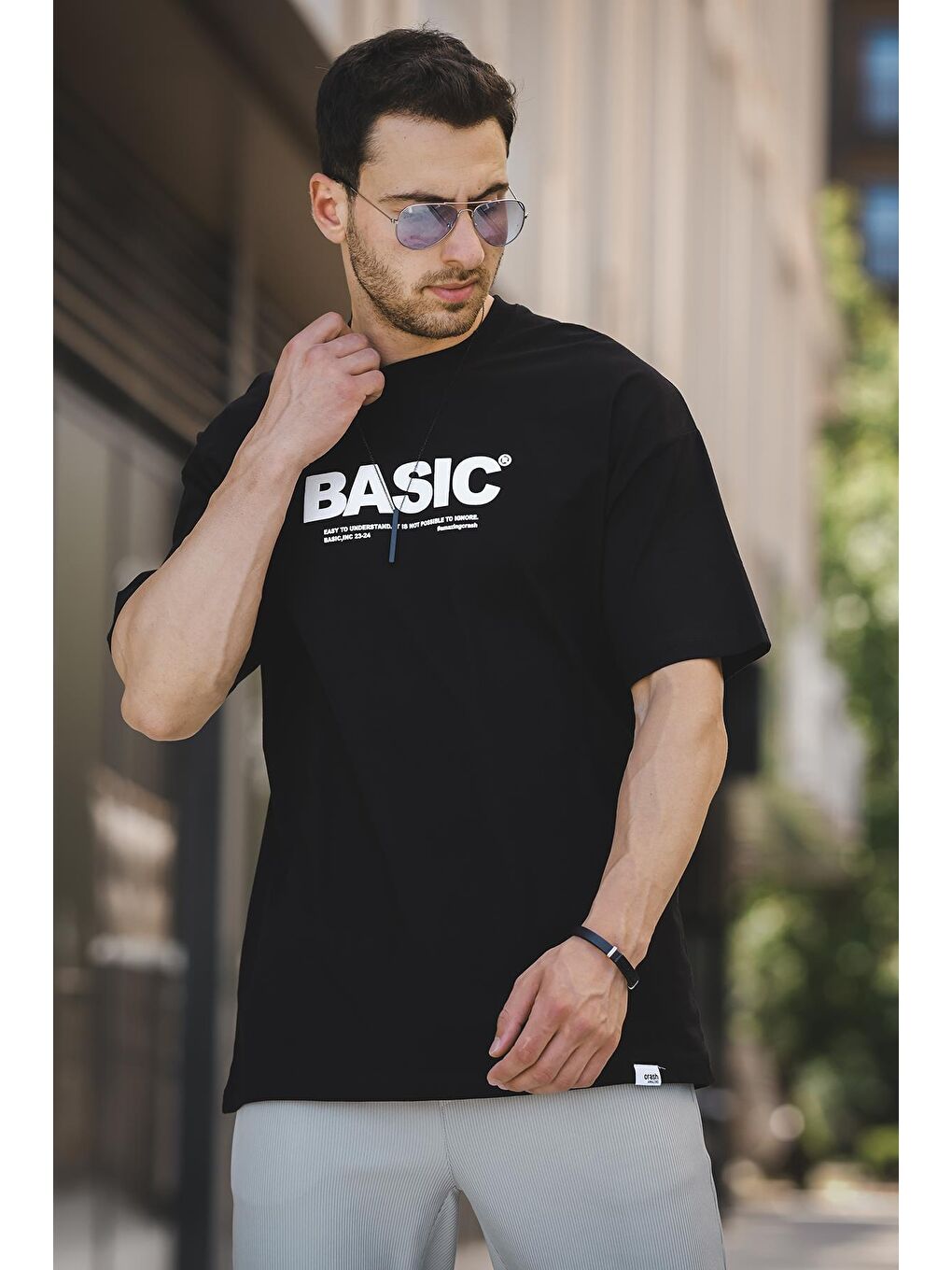 Siyah Basic Kabartma Baskılı Pamuklu Bisiklet Yaka  Erkek Tişört-2