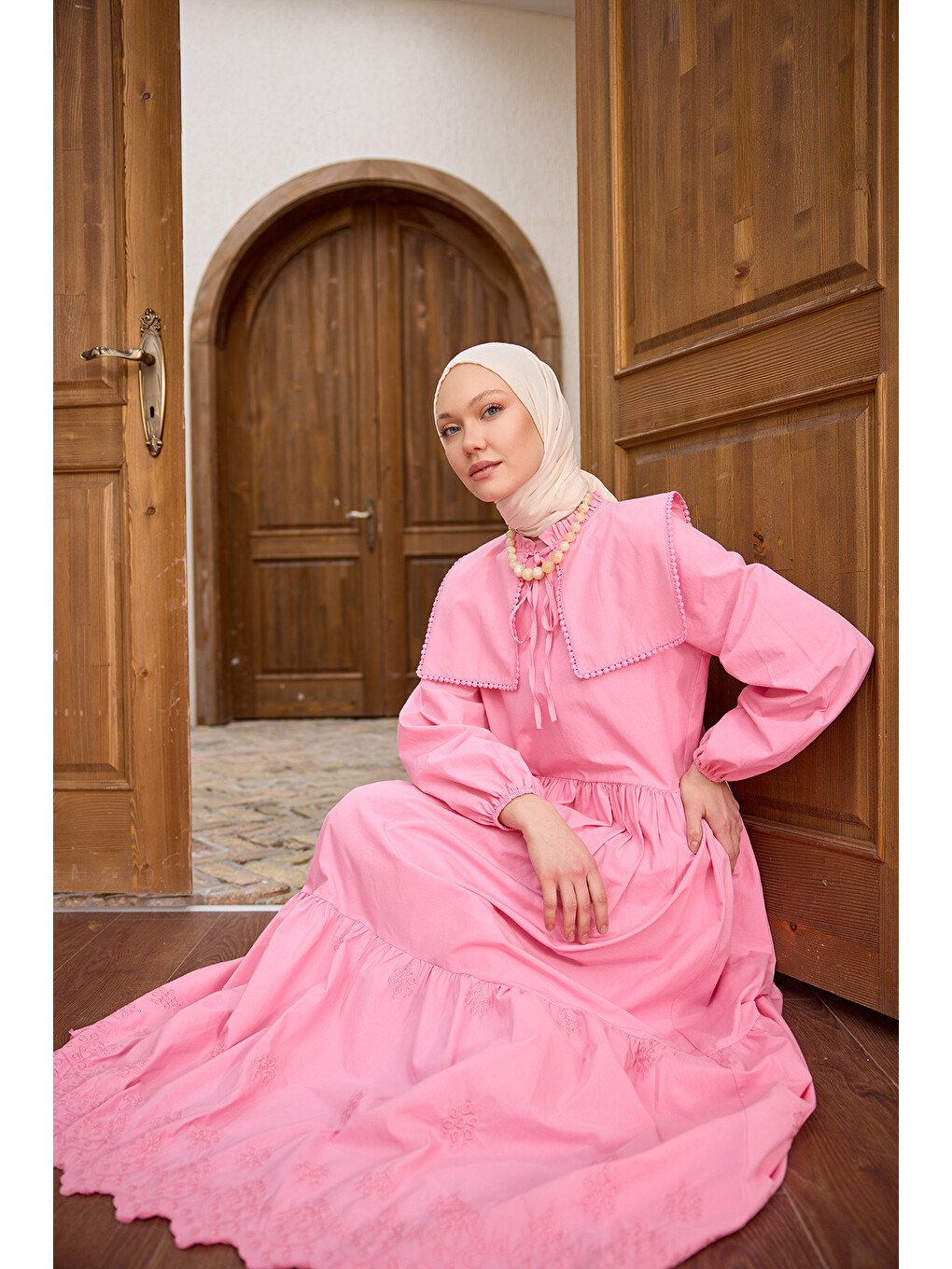 Kadın Gemici Yaka Brode Detaylı Elbise Pembe