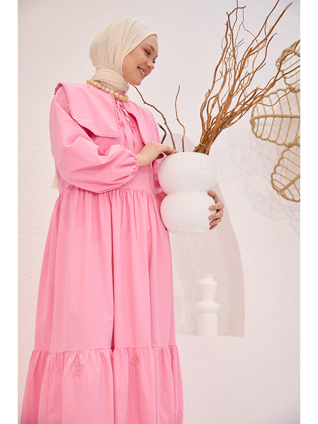 Kadın Gemici Yaka Brode Detaylı Elbise Pembe-3