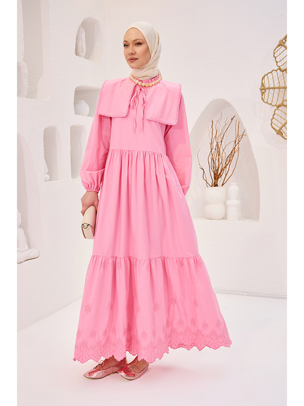 Kadın Gemici Yaka Brode Detaylı Elbise Pembe-4