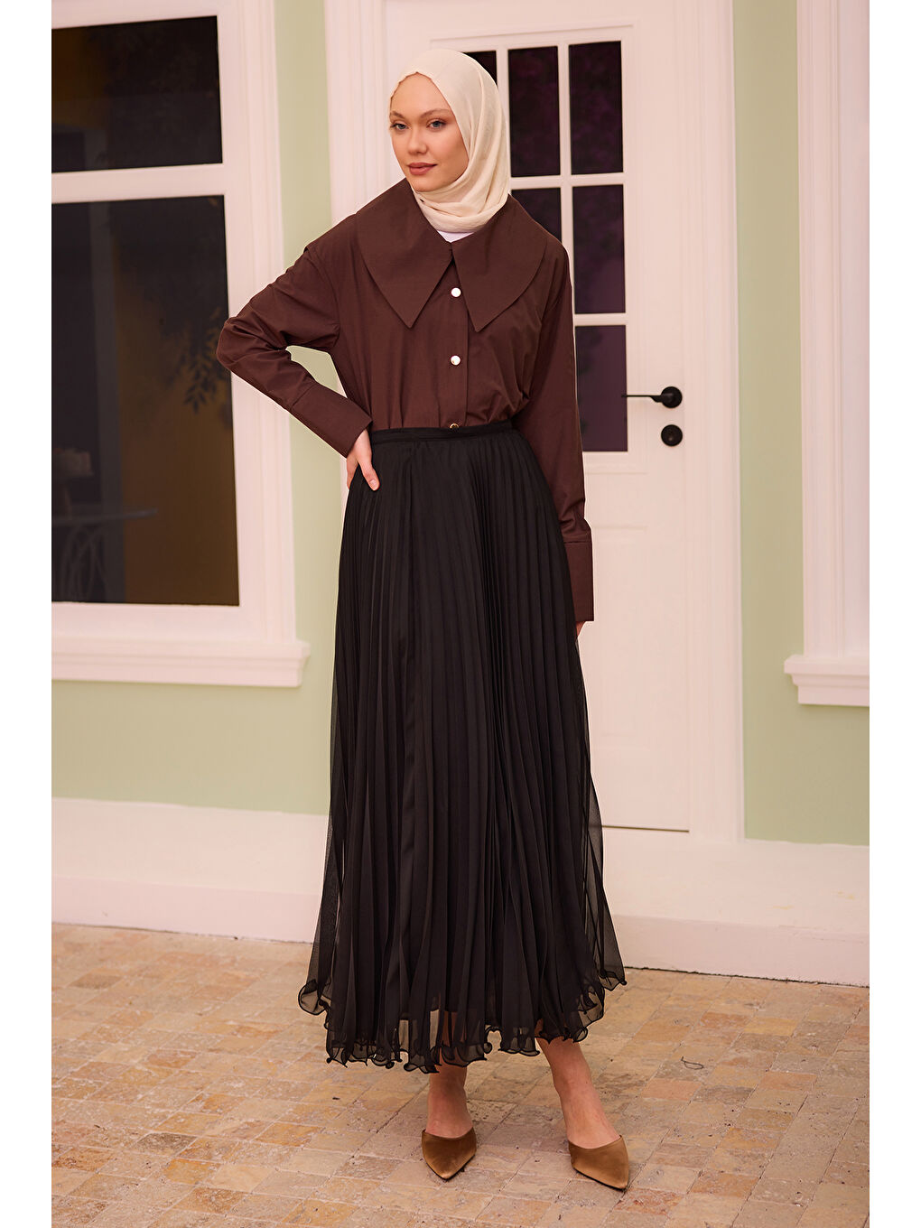 Kadın Fermuar Detaylı Şifon Etek Siyah-1