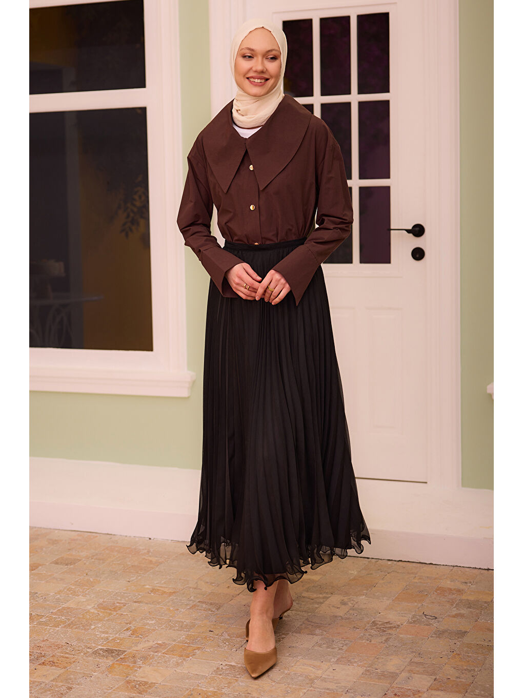 Kadın Fermuar Detaylı Şifon Etek Siyah-2