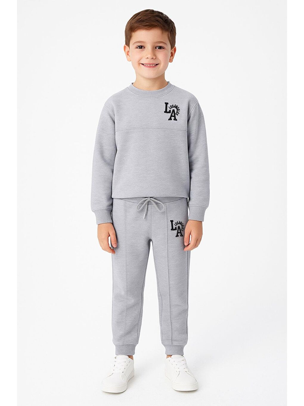 Baskılı  Nakışlı Gri Melanj Renk Erkek Çocuk Eşofman Takımı