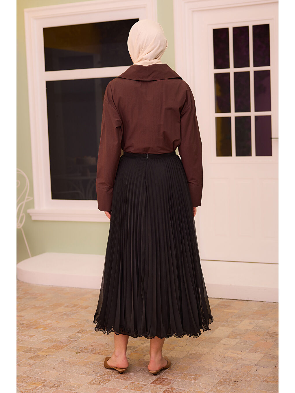 Kadın Fermuar Detaylı Şifon Etek Siyah-4