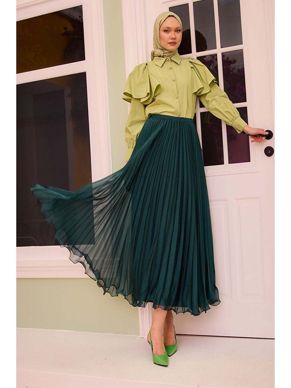 Kadın Fermuar Detaylı Şifon Etek Yeşil-1