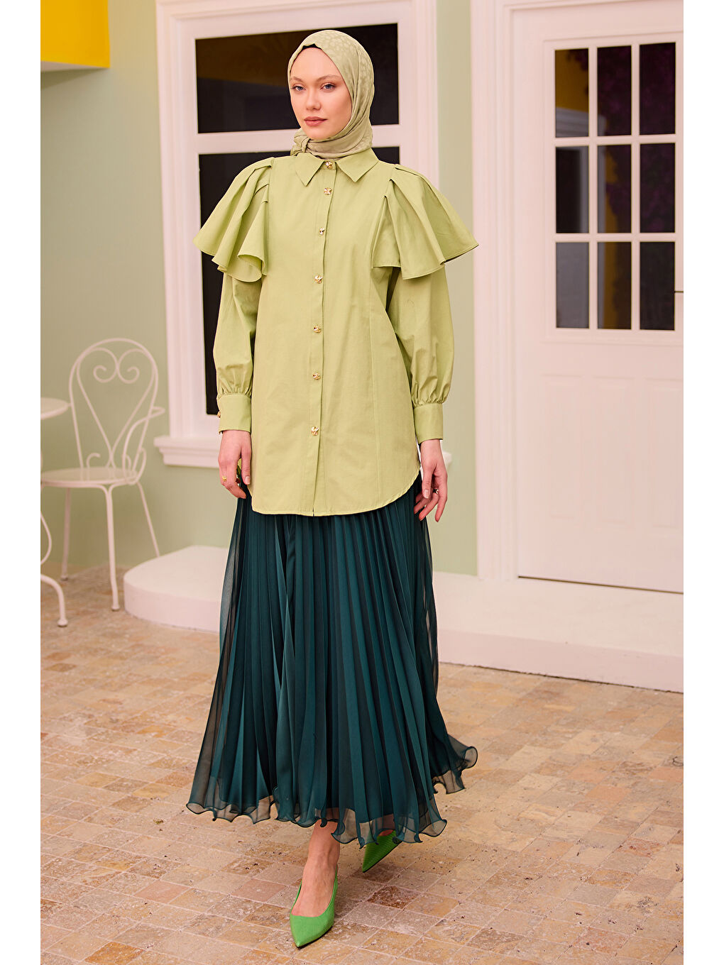 Kadın Fermuar Detaylı Şifon Etek Yeşil-2